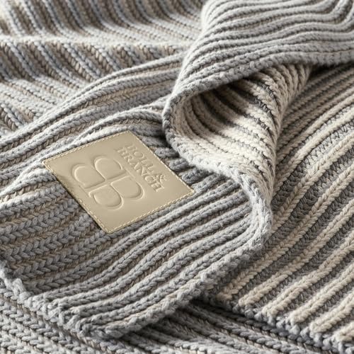 BOLL & BRANCH Sunday Throw Blanket, 70" x 45", Shore/Heathered Oatmeal | 100% Organic Luxury Cotton, Plush Ribbed Knit, Sweater-Like Softness