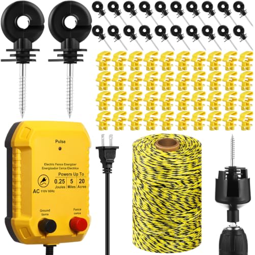 Electric Fence Kit, 0.25j Charger 656ft Wire 60 Insulators | 5 Mile 110V Plug in Electric Fence, Polywire for Livestock Horse Cattle Poultry, T Post Screw Insulators, Farm Pasture - size: 656FT, style: 0.25J