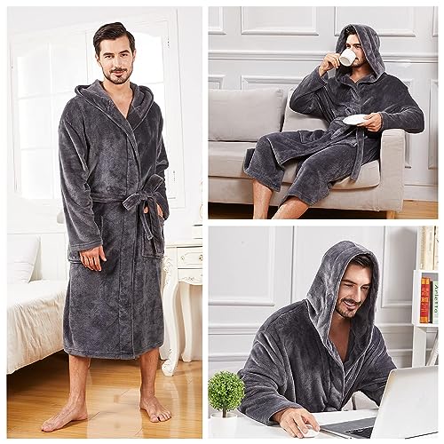FashGudim Mens Hooded Robe Plush Shawl Collar Kimono Bathrobe Soft Warm Flannel Fleece Spa Robes House Coat Pajamas - color: Grey, size: X-Large-XX-Large