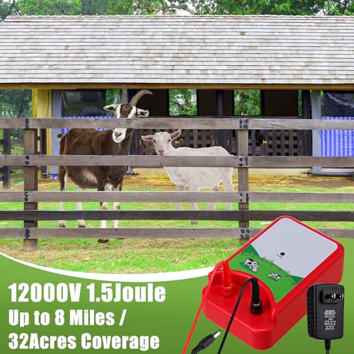 8 Mile Electric Fence 12000V 1.5Joule Electric Fence Charger Kit with Copper Ground Rod Insulator Socket Tool Aluminum Wire for Containing Dog Livestock
