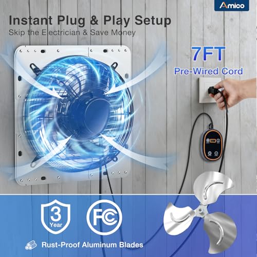 Amico 10" Shutter Exhaust Fan, Thermostat,1200 Sq.Ft,13W DC Motor, 1073 CFM | Energy-Efficient 8-Speed Ventilation Fan, Garage, Attic, Greenhouse, Kitchen, Wall Mount, Plug&Play, 3-Year Protection - size: 10 Inch