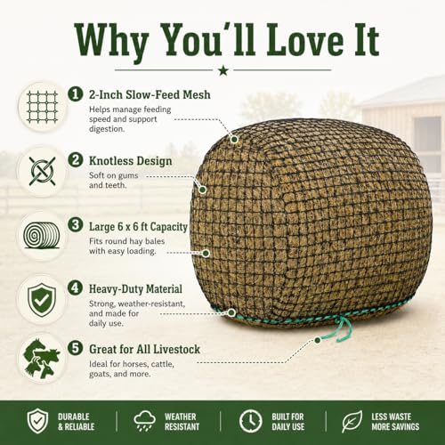 6x6 ft Round Bale Hay Net for Horses & Livestock - Slow Feeder Hay Net with 2 inch Mesh, Knotless Design, Durable Heavy-Duty (6 * 6 ft)