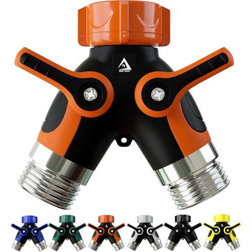 DBR Tech® Hose Splitter 2 Way, Heavy Duty Metal Connector, Two Way Garden Hose Splitter, High Flow Spigot Faucet Bib Adapter, Solid Double Y Shut Off Valve for Outdoor Gardening Hoses, Orange - color: Orange