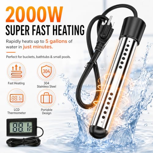 2000W Fast Heating Immersion Water Heater | Submersible Bucket Heater with 304 SS & Digital Thermometer, Safe & Compact Design for Tubs,Inflatable Pool & Farm