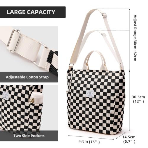 KALIDI Corduroy Tote Bag, Large Slouchy Hobo Messenger Crossbody Bag | Anti Splash Zipper Side Pockets Shoulder Bag Adjustable Strap Lightweight Casual Work Shopping Women - color: Checkerboard