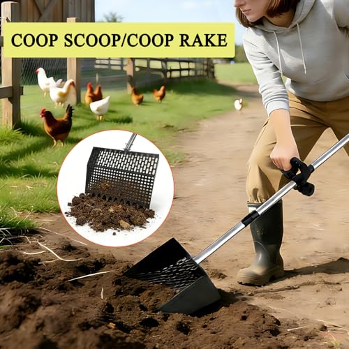 12Inch Chicken Poop Scooper 2-in-1 Coop Scoop with Adjustable Stainless Steel Handle (24-64'') Chicken Coop Rake Sand Sifting Chicken Coop Shovel for Farm Livestock Cleaning Tool
