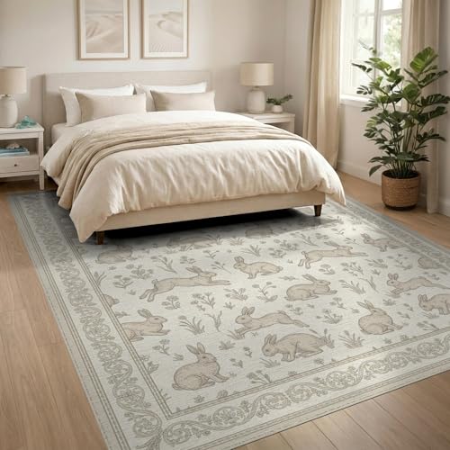 8'x10' Washable Cottagecore Bunny Large Rug, Ivory Non-Shedding Pet Friendly Carpet Foldable Easy Care Mat for King Size Bedroom, Master Suite, Under Bed | Ref:1969513 - color: Beige/Pattern 21, size: 8' x 10' (Rectangular)