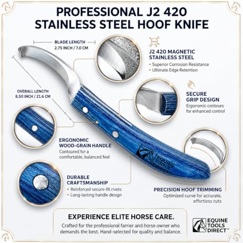 Right-Hand Curved Blade Hoof Knife, J2 420 Magnetic Stainless Steel Blade, Ergonomic Blue Handle, Farrier Horse Hoof Trimming Tool for Sole & Frog Paring - style: Right-Handed