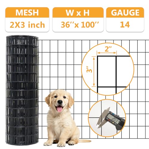 Black Metal Garden Fence, 36inch(H) x 100ft(L), 2 inch x 3 inch,14GA 2/3/4/5/6 Ft Tall Chicken Wire PVC Coated Welded Wire Mesh Roll for Dogs Border Yard Vegetable Plant Protection Poultry Netting - color: Black, size: 14GA 2x3 36"x100'