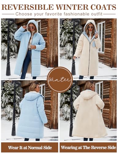 Yusongirl Women's Reversible Long Winter Puffer Coat with Hood and Fleece | Two wearable sides for winter commutes, school runs and city errands, with quilted warmth, soft fleece, a hood and pockets - color: Blue, size: XX-Large
