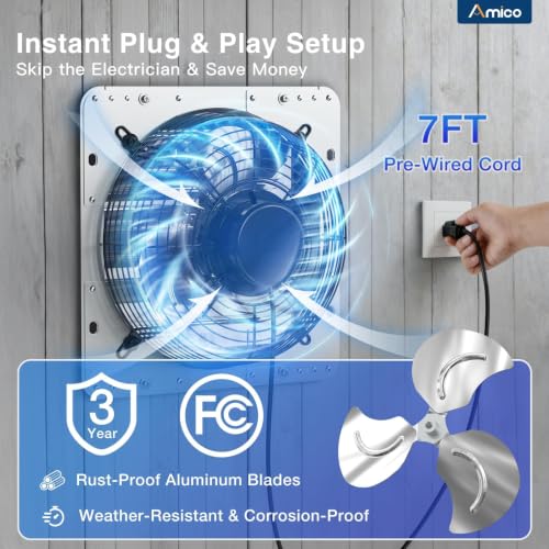 Amico 10" Shutter Exhaust Fan, Remote 9-Speed 13W DC Motor, 1000 CFM | Energy-Efficient Wall Mount Ventilation Fan, Garage, Greenhouse, Attic, Chicken Coop, Plug&Play 8-Hr Timer, 3-Year Protection - size: 10 inch