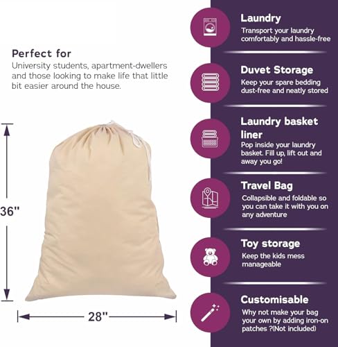 SweetNeedle Heavy Duty Extra Large Cotton Laundry Storage Shopping Bag, 28x36 In, 75L -Draw-cord with cord-lock, Machine Wash and reusable Travel Bag - size: 1 Pack - Classic