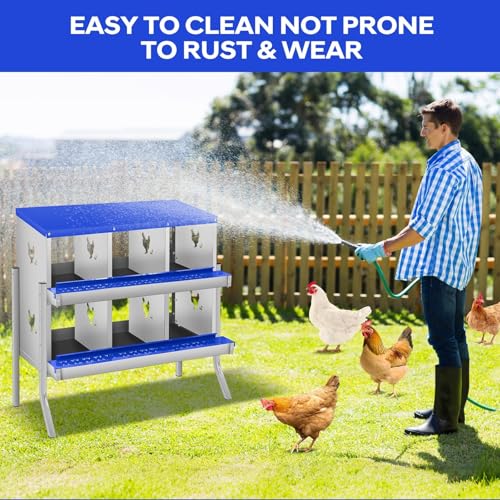 6 Compartment Chicken Nesting Box, Heavy Duty Metal Laying Box with Perch, - color: Blue, size: 6 Compartments with legs