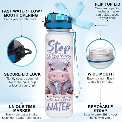 Cute Hippo Hydration Water Bottle 32oz, Stop Slacking Drink Your Water Motivational Bottle, Funny Hippopotamus Animal Gift for Women, Hippo Lover Gifts - color: Hippo