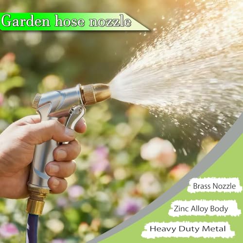 Heavy Duty Metal Hose Nozzle, High Pressure Garden Hose Nozzle | All-Metal Water hose nozzle with 4 Adjustable Spray Patterns, For Watering Plants,Pet Showering,Car Washing&Windows