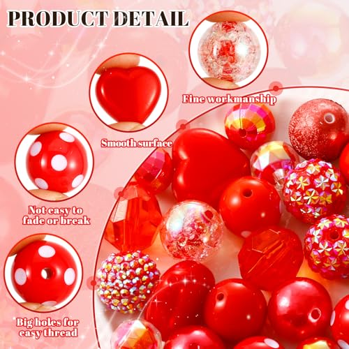 112 Pcs Red Bubblegum Beads for Pens, Spacer Beads | 28 Pcs Pen Beads 14 Styles, 84 Pcs Spacer Beads, Colorful Rhinestone Bead for Jewelry Making,Valentine's Day, Xmas Gifts - color: Red