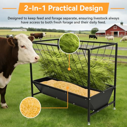 70 Gallon Pasture Hay Feeder, Heavy-Duty 2-in-1 Livestock Feeder with Grain Trough, Galvanized Steel Hay Rack for Goats, Sheep, Calves & Miniature Horses, Weather Resistant Farm Manger