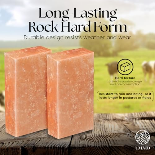 UMAID Himalayan Salt Block – 8x4x2 2-Pack – 100% Natural Mineral Salt Lick for Horses, Cows, Goats & Sheep – Animal Feed Supplement, Long-Lasting Salt Chunks - size: 5 Pound (Pack of 2)