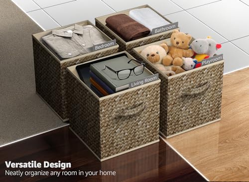 Sorbus 11 x 11 Storage Cubes, Foldable Fabric Bins (4 Pack, Woven Beige) | Toy bin with carry handles and collapsible design keeps books, clothes and playroom essentials sorted in cubbies and closets. - color: Woven Beige