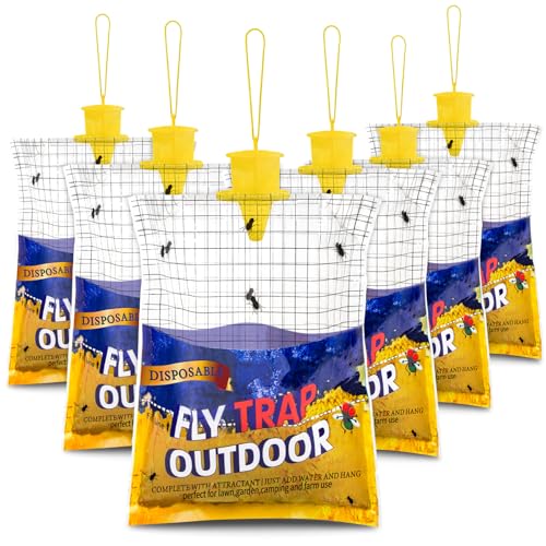 6 Big Fly Bags Outdoor Traps Hanging for Patio - Pre-Baited, Disposable | Fly Catcher Killer Repellent with 6*50g Bait for Outside in Chicken Coop, Horse Barns | Easy to use | Durable | Effective - size: 6 Pack