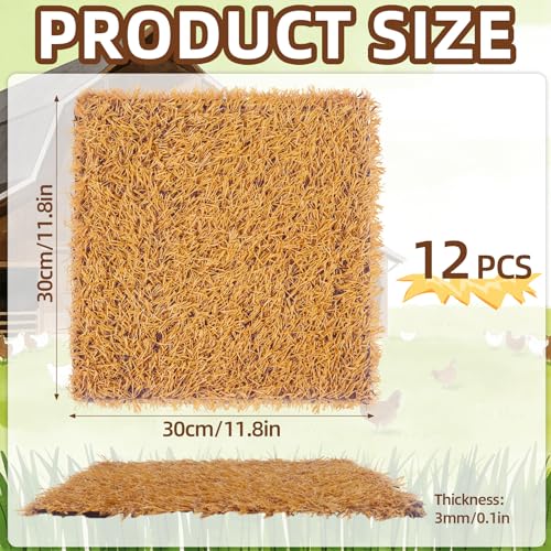 12 Pack Chicken Nesting Pads, 12x12 Inch Artificial Grass Nest Box Liners, Washable & Shed-Resistant Mat with Drain Holes for Hen Laying Eggs, Coop Bedding Accessories