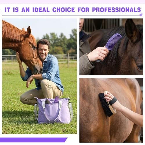 Abbylike 15 Pieces Horse Grooming Kit with Organizer Tote Bag Tack Room Supplies Horse Brush Sets Care Equine Cleaning Kit Shedding Grooming Massaging Tools(Purple and Grey) - color: Purple and Grey