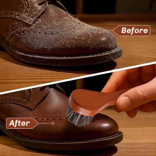 2 Pcs Horsehair Shine Shoes Brush Kit Polish Dauber Applicators Cleaning Leather Shoes Boots Care Brushes Suede Cleaner Brush(Brown Long Handle) - style: Brown Long Handle