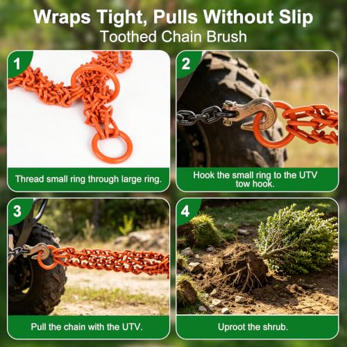 9900lbs G70 Steel Brush Puller, 5.6ft x15/64 Clump Grubber Choker Chain with Serrated Link, Uproots 20" Tree Root, Buckthorn Willow Removal Tool for ATV UTV Tractor, Neon Orange, Storage Bag
