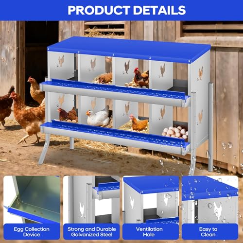 8 Compartment Chicken Nesting Boxes, Metal Roll Away Egg Laying Boxes with Removable Tray & Lid Cover, Chicken Coop Nest Box for Hens, Egg Protection Design (with Legs) Blue - color: Blue, size: 8 hole - with leg