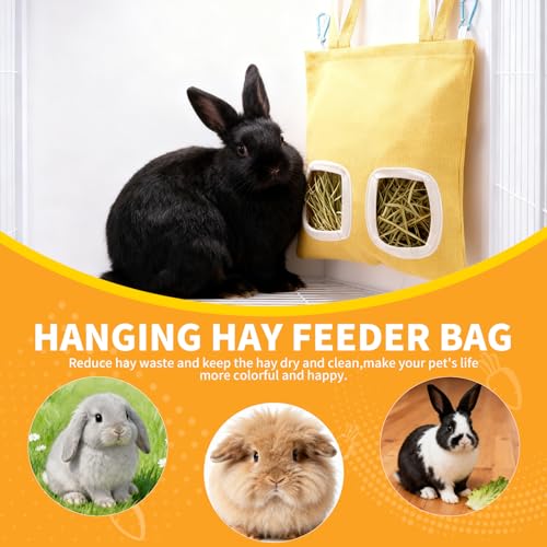 2 Pack Rabbit Guinea Pig Hay Feeder, Cute Bunny Hay Bag, Hanging Hay Holder for Guinea Pig Cage, Hay Feeder for Rabbits Chinchillas Hamsters Small Pets and Animals (Yellow & Blue)