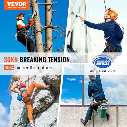 VEVOR Vertical Lifeline Assembly, 0.55'' x 100' Fall Protection Rope with 30 KN Breaking Tension, Polyester Roofing Rope with Steel Snap Hooks, Rope Grab, and Shock Absorber, ANSI Compliant - size: 100FT