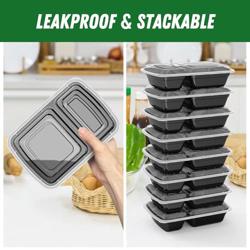 Dealusy 50 Pack 28 oz Meal Prep Containers with Lids 2-Compartment, Black | Sturdy Leakproof & Food Safe, Microwave, Freezer, Dishwasher Safe Prep Containers, To Go Take Out Plastic Food Storage - color: Black