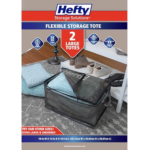 Hefty Large Flexible Tote with Breathable Mesh, Double Zipper, 2 Handles – Ideal for Moving or Clothes & Apparel Storage, Alternative to Plastic Bin, Organizer or Container – 2 Pack - size: 11 Gal - Standard