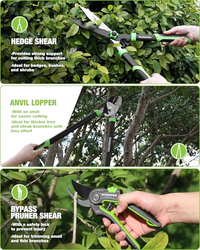 WORKPRO 3-Piece Garden Shears Set, Heavy-Duty Gardening Clippers | Includes 20” Hedge Shear, 24” Anvil Lopper & 8” Pruning Shear, with Sharp Blade, Comfort Grip for Branch, Shrub, and Hedge - size: 3PCS - Garden Shears Set