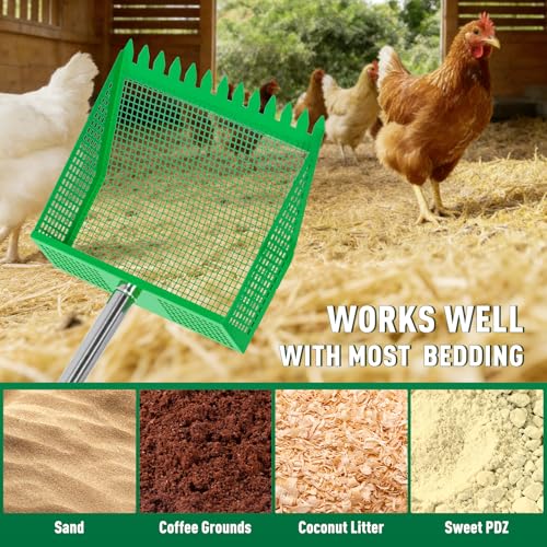 Large Chicken Poop Scooper: 2-in-1 Metal Pooper Scooper & Rake Adjustable 62" Long Handle Stainless Steel Sand Sifting Litter Shovel Chicken Coop Scoop Cleaning Tool for Goat Yard Bright Green - color: Bright Green