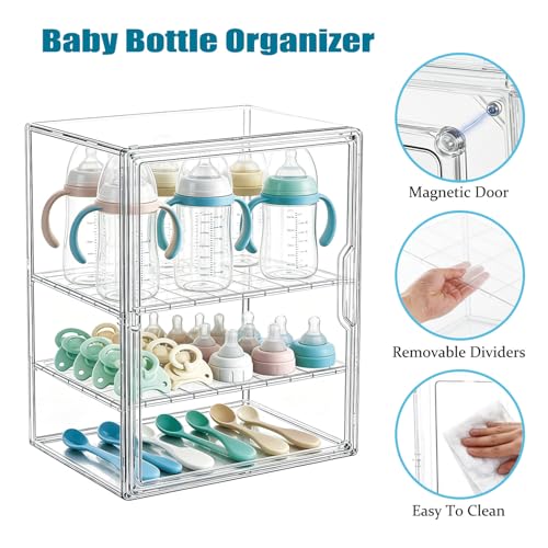 Baby Bottle Storage Organizer for Countertop, Clear Feeding Bottles Station | 3 Tiers Acrylic Baby Bottles Holder Container with Adjustable Dividers & Magnetic Door for Kitchen Cabinet, New Mom Gifts