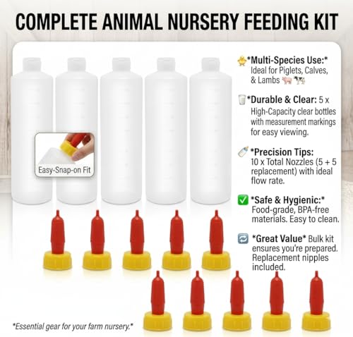 5Pack 400ML Goat and Lamb Feeding Bottles with Silicone Nippl | Small Livestock Milk Feeder Kit for Sheep,Piglets,Calves,Orphaned Animals,Hand-Rearing Nursing Set with 5 Replacement Nipples