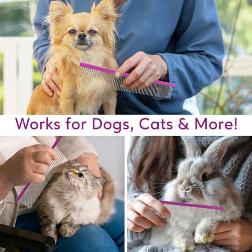 Pet Comb 8 inches Comfortable Grooming Comb with Different-Spaced Rounded Stainless Steel Teeth, Easy Grip and Convenient Grooming for Pets Dog Cat with Medium Coarse Fur - Purple | Easy Grip and Convenient Grooming for Pets Dog Cat with Medium Coarse Fur