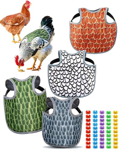 4PCS Chicken Saddle for Hens with 50pcs Chicken Leg Bands (001-050), Chicken Apron Back Protector with Adjustable Straps, Back Protector for Feather Loss & Rooster Mating (4PCS)