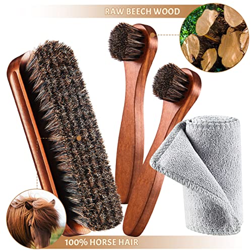 4 Pcs Horsehair Shoe Brush Kit Polishing Daubers Applicators Leather Care Brushes Shine Cleaning Cloth with Bag(Shoe Brush Set E) - style: Shoe Brush Set E