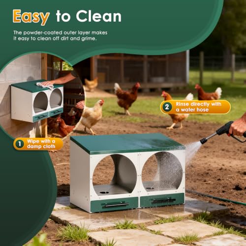 Chicken Nesting Box, Wall-Mounted Metal Roll Away Egg Laying Box | Galvanized Steel 2 Compartment Chicken Laying Boxes with Roll Away Egg Collection&Pull-Out Trays for Hens, Chickens, Ducks