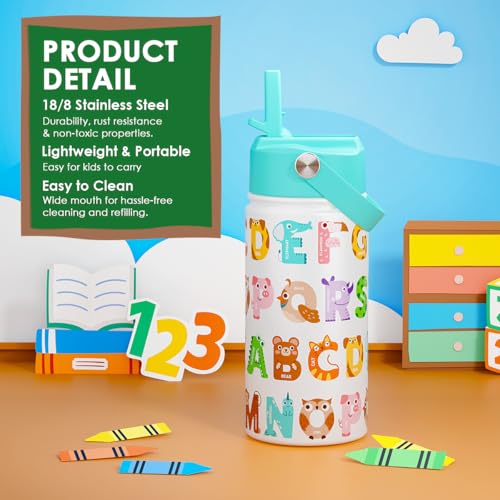 SANDJEST Alphabet Kids Water Bottle with Straw Lid 12oz Insulated Stainless Steel, Travel Tumbler, Animal Gifts for Boys Girls, Birthday, Christmas, Back to School - color: Animal 1