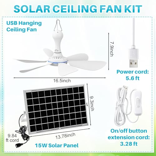 Tujoe 2 Set Solar Powered Ceiling Fan Kit for Outdoor,Portable 15W Solar Panel Powered USB Small Hanging Fan,Dual Charging Modes,for Chicken Coop, Tent,Greenhouse, Shed, Gazebo