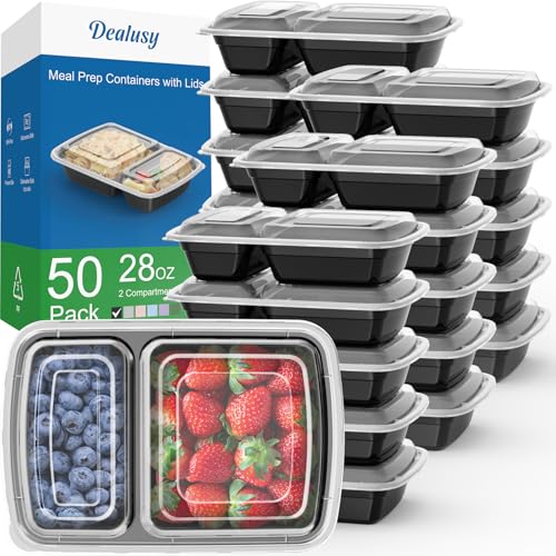 Dealusy 50 Pack 28 oz Meal Prep Containers with Lids 2-Compartment, Black | Sturdy Leakproof & Food Safe, Microwave, Freezer, Dishwasher Safe Prep Containers, To Go Take Out Plastic Food Storage - color: Black
