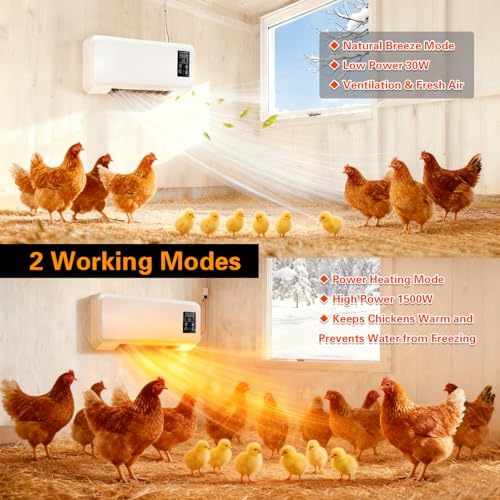 1500W Chicken Coop Heater for Winter, Wall-mounted poultry heater, 5S Fast Heating with Adjustable Temperature (77~99℉), Safe Warm Stove for Chickens, Ducks & Small Pets