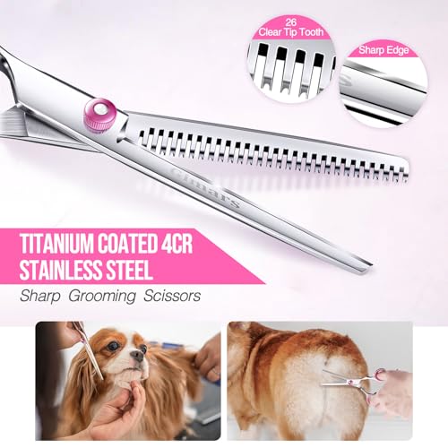 Gimars Dog Grooming Scissors Kit Professional 4CR with Safety Round Tip, 5 in 1 Heavy Duty Titanium Coated Thinning & Curved & Straight Shears - style: Pink 5 in 1