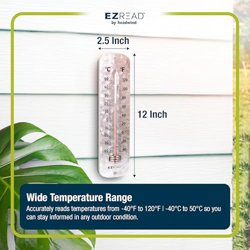 Headwind 12" Antique Aluminum Metal Thermometer – Durable Weather‑Resistant Indoor & Outdoor Wall‑Mount Temperature Gauge for Patio, Garden, Home, or Porch – Heavy‑Duty Metal Construction by EZ Read - color: Antique Aluminum