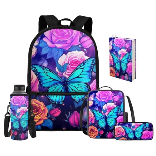 Upetstory 5 In 1 Butterfly Backpack for Girls 6-8 8-10 Kids School Bag Set with Lunch Bags Pencil Case Teen Girls School Bookbag Elementary Kindergarten Water Bottle Sleeve Book Cover - color: Butterfly