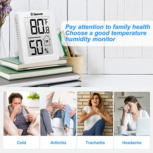 Indoor Thermometer 3Pcs with Battery Magnetic Stand Digital Humidity Gauge | Geevon Black Mini Room Hygrometer Small Temperature Monitor Desktop Wall Mount Bracket for Room Home Office Fridge Car Den