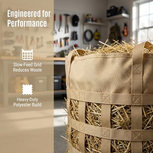 Slow Feed Horse Hay Bag, Heavy Duty Polyester Single Side Feeding Hay Pouch, Easy Hanging Feed Bag for Horse Stall and Trailer